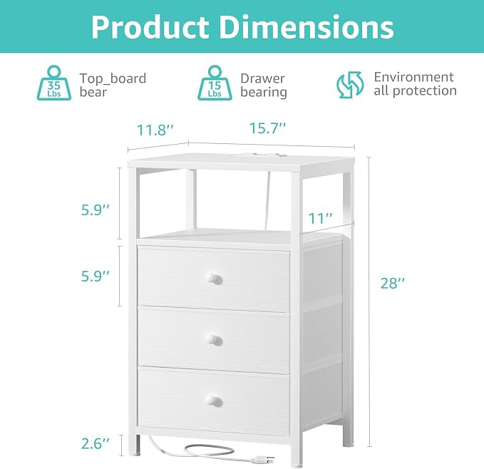 BOLUO White Night Stand with 3 Fabric Drawers, Nightstand with Charging Station LED Nightstand for Bedroom, Bedside Table with USB Ports and Outlets Modern - Image 3