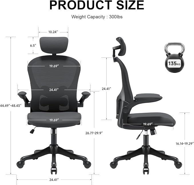 Mesh Office Chair with Adjustable Lumbar Support and Headrest, Ergonomic High Back Task Chair for Home Office, Flip-Up Arms 90-120° Tilt Lock Rolling Swivel Work Chairs(Black6065) - Image 2