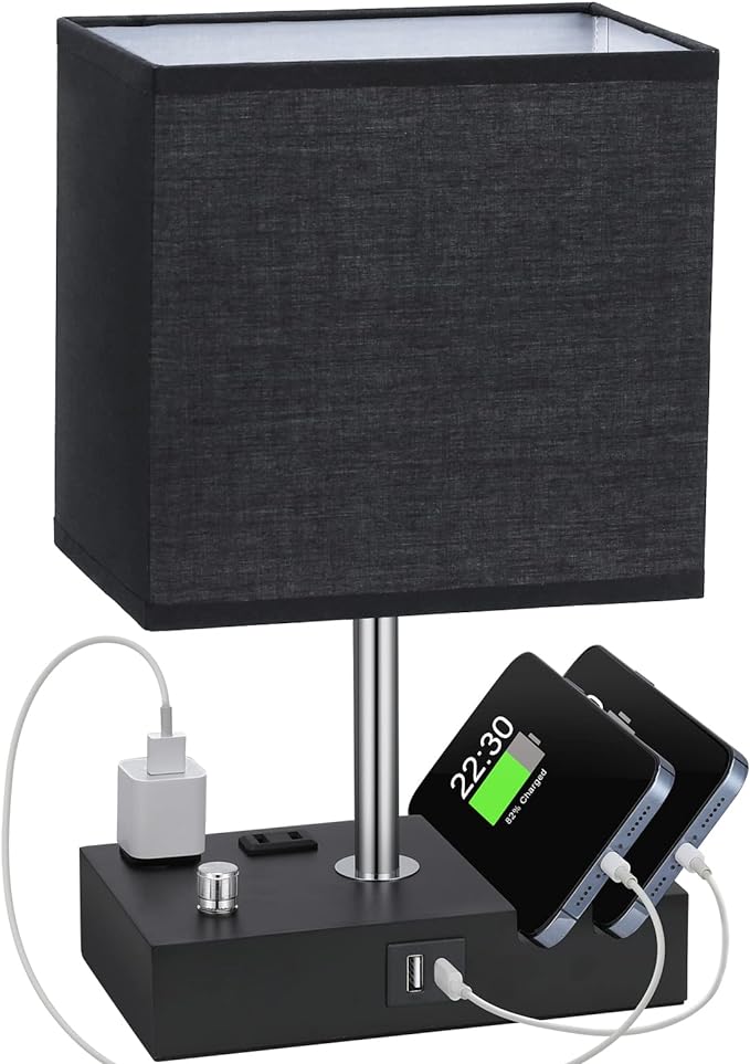 Black Table Lamp for Bedroom - Stepless Dimmable, USB C+A, 2 AC Outlets | Dimming By Rotary Knob, USB C+A Ports, 2 Phone Stands, LED Bulbs Included, Rectangle Black Lampshade, for Living Room, Desk by KakanuoLightings