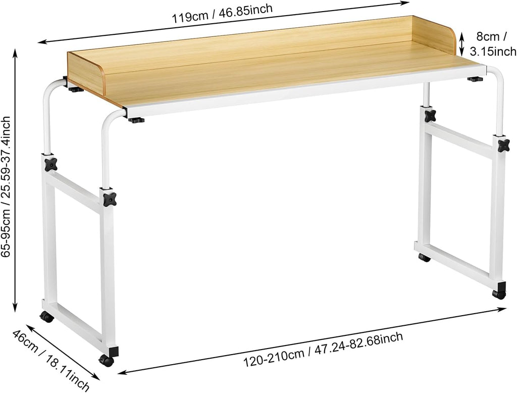 Adjustable Height Overbed Table, Rolling Overbed Bedside Desk with Raised Baffle and Spacious Desktop, Over BedTable with Wheels for Home Office Bedroom Hospital Use (Wooden Color1) - Image 7