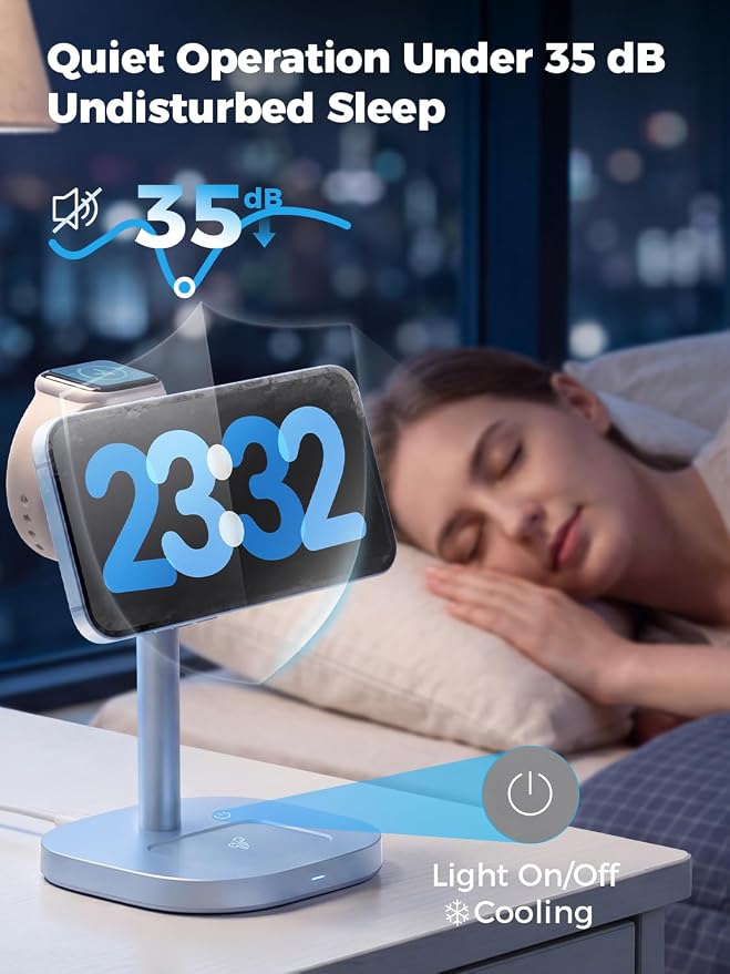 havit 3 in 1 Wireless Charger, Qi2.2 Certified 25W Magnetic Charging Station with Active Cooling for iPhone 17/16/15/14/13/12, Apple Watch & AirPods, 45W Adapter Included, Blue - Image 6