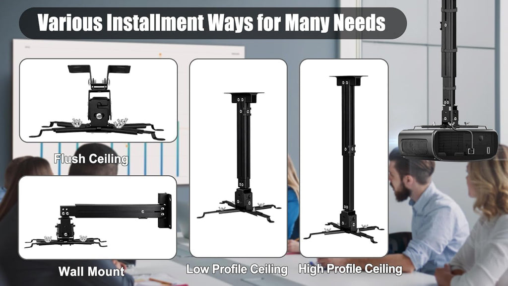 2-Be-Best Projector Ceiling Mount Wide Pipe Universal 3-in-1 Projector Wall Mount Bracket with Adjustable Arm, Flush Mount Option, Built-in Cable Management for Office Home Black - Image 7