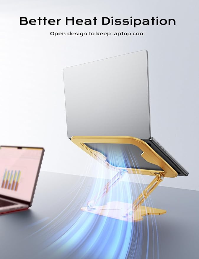 JCZT Adjustable Laptop Stand for Desk, Metal Foldable Laptop Riser, Gold | Ergonomic Portable Laptop Stand, Ventilated Cooling Computer Notebook Holder for MacBook Air Pro, All 10-16'' Laptops - Image 6