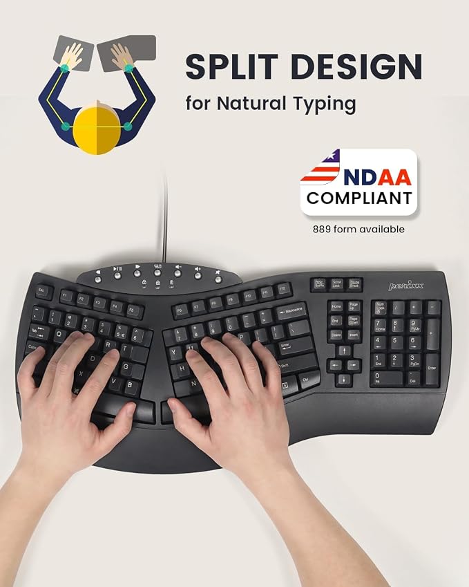 Perixx PERIBOARD-512B Wired Ergonomic Keyboard - Split Keyboard, Wrist Rest, Natural Typing - Wired USB Connectivity - US English - Black - Image 2