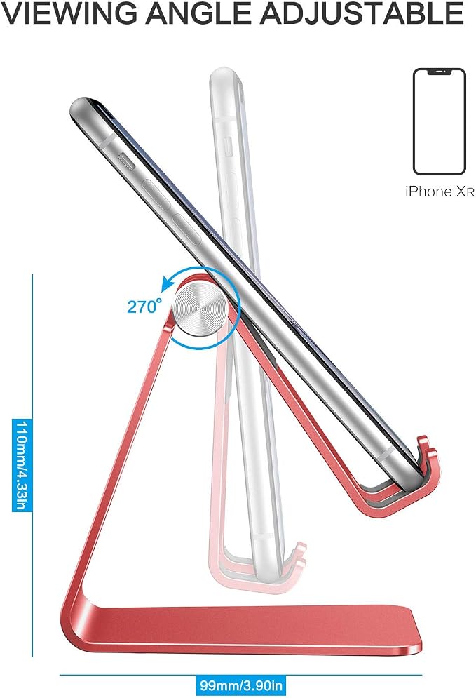 OMOTON C2 Adjustable Aluminum Cell Phone Stand with Charging Cutout, Red | Sturdy 3mm Aluminum, Charging Port, 270° Adjustable, Non-Slip Silicone Pads, Works with Thick Cases, for All Smartphones - Image 3