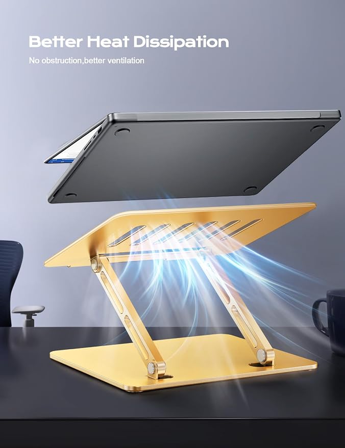 LOXP Aluminum Laptop Stand, Adjustable Laptop Stand for Desk Foldable | Portable Laptop Riser, Ergonomic Computer Notebook Holder for Desk, Office Desk Accessories (10-15.6'') - Gold - Image 4