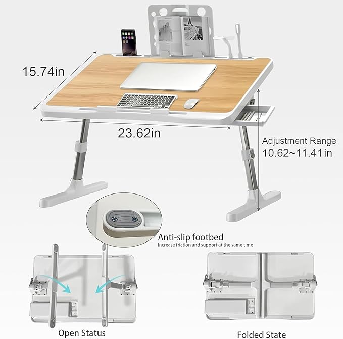 Extra Large 23 Inch Adjustable Laptop Desk for Bed | Bed Table with USB Charging Port & Storage Drawer, Portable Laptop Bed Desk Tray for Working, Reading & Eating (Yellow) - Image 2