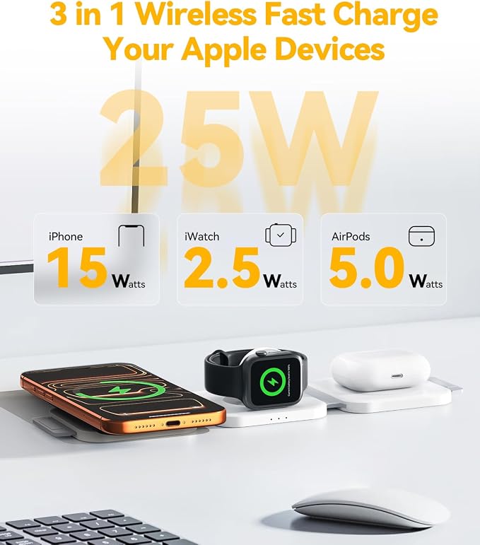 25W 3 in 1 Charging Station for Apple,Foldable Magnetic Wireless Charger | Travel Charging Pad for Multiple Devices iPhone 17 16 15 14 13 12 Pro Max Plus Apple Watch Series & AirPods 4/3/2/Pro - Image 2