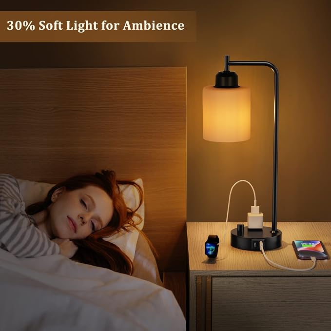 Industrial Bedroom Table Lamps for Bedside - White Opal Glass Shade Desk Lamps with USB C Port, Fully Dimmable Black Lamps with USB Port and Outlet, Reading Nightstand Lamp for Office Living Room - Image 4