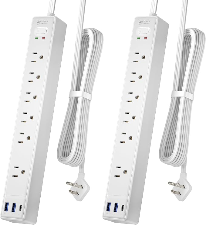 2 Pack 6Ft Extension Cord, SUPERDANNY Flat Plug Surge Protector Power Strip | Charging Station with 6 Outlets & 3 USB Ports, Wall Mountable Outlet Extender for Home, Office, College Dorm Room Essentials by SUPERDANNY