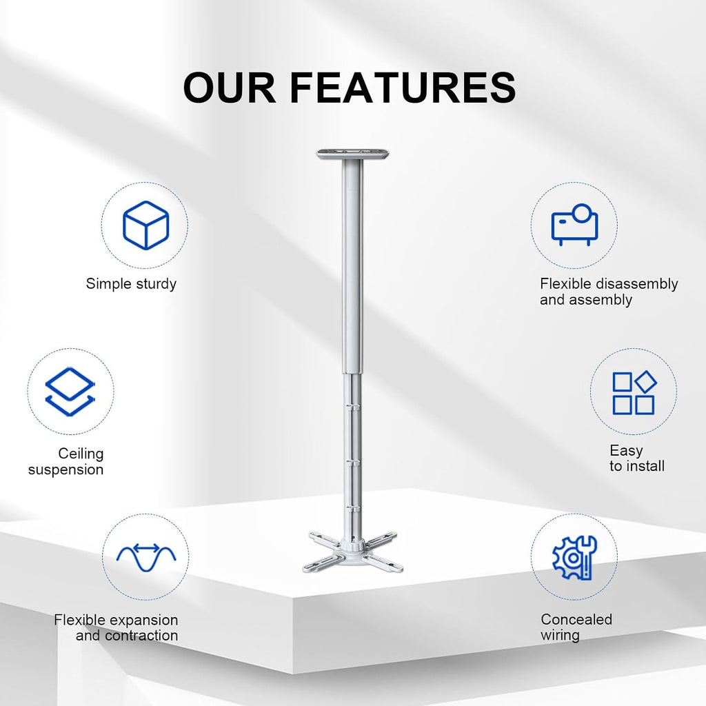 Jomard Projector Ceiling Mount, Heavy Duty Aluminum, Adjustable Height 22"-40.78", 360° Swivel 15° Tilt, Holds 15 Lbs, White - Image 2
