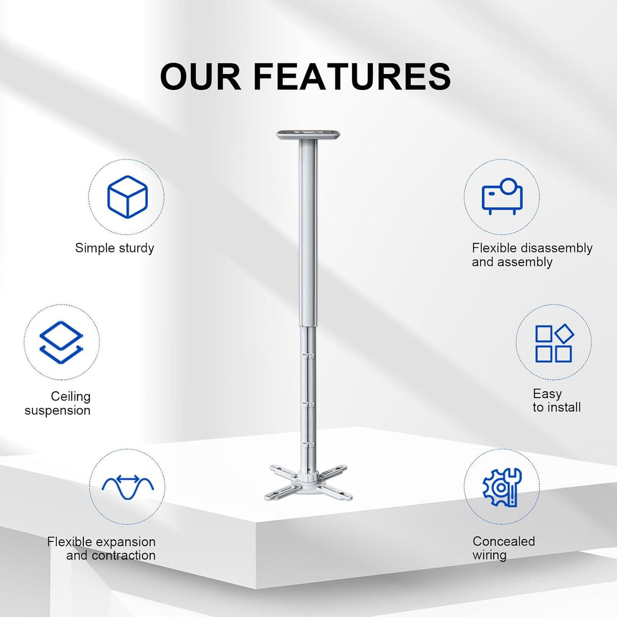 Jomard Projector Ceiling Mount, Heavy Duty Aluminum, Adjustable Height 22"-40.78", 360° Swivel 15° Tilt, Holds 15 Lbs, White - Image 2