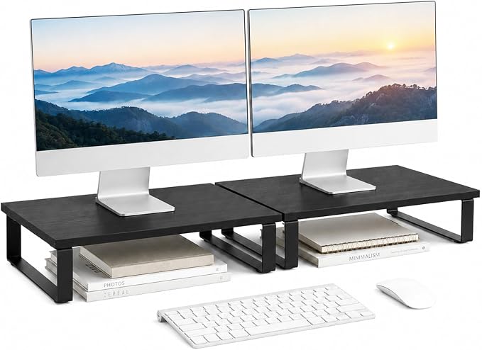 XINYAO 2 Pack Monitor Riser for Desk, Wood and Steel, 16*12*3 inch, Black | Multi-Purpose Desktop Storage Stand for dual monitor setups, TVs, Laptop, Printer, home office use, or gift giving by XINYAODirect
