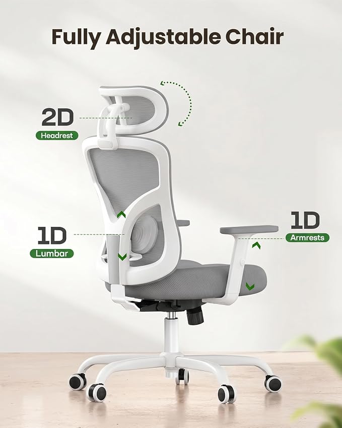 Marsail Ergonomic Office Chair Lumbar Support & Adjustable Armrests, Grey | 2D Headrest, Contoured Seat Cushion, Computer Desk Chair with Wheels for Home and Office - Image 3