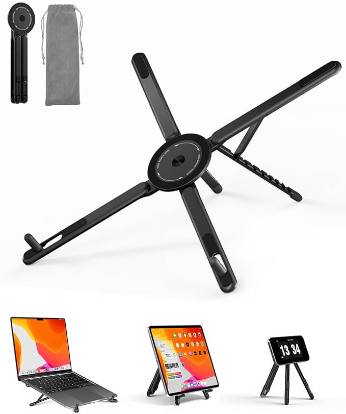 Viozon Portable Laptop Stand for Desk, Foldable Adjustable Computer Riser with Magnetic Phone Holder, Aluminum Laptop Stand for 10–16” Laptops & 4–13” Phones/Tablets (Black) by viozon