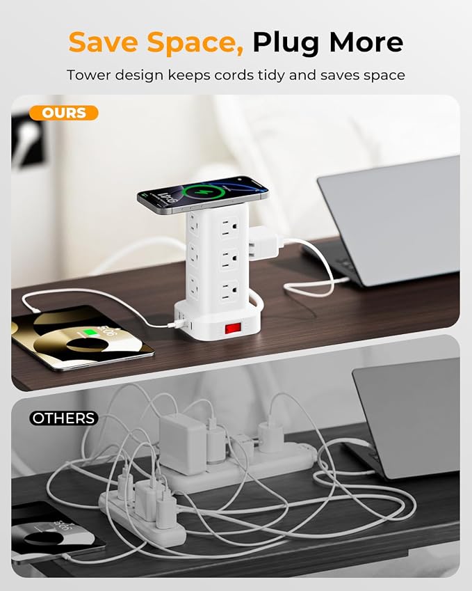 Power Strip with 12 Outlets 4 USB (1 USB C), 6.5Feet Extension Cord with Multiple Outlets, Charging Station, Power Strip Tower, Home Office Desk Supplies - Image 6