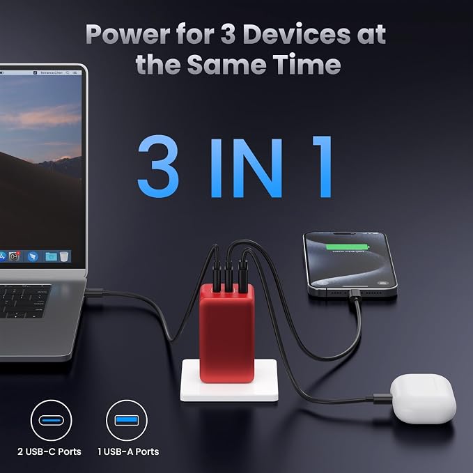 128W USB C Wall Charger,GaN III 3-Port Fast Charging Station,PD QC Foldable Charger Block Portable 65W Laptop Adapter for MacBook Pro/Air,iPad Pro,Galaxy S23,Dell XPS 13,iPhone 17/16/Pro etc - Image 2