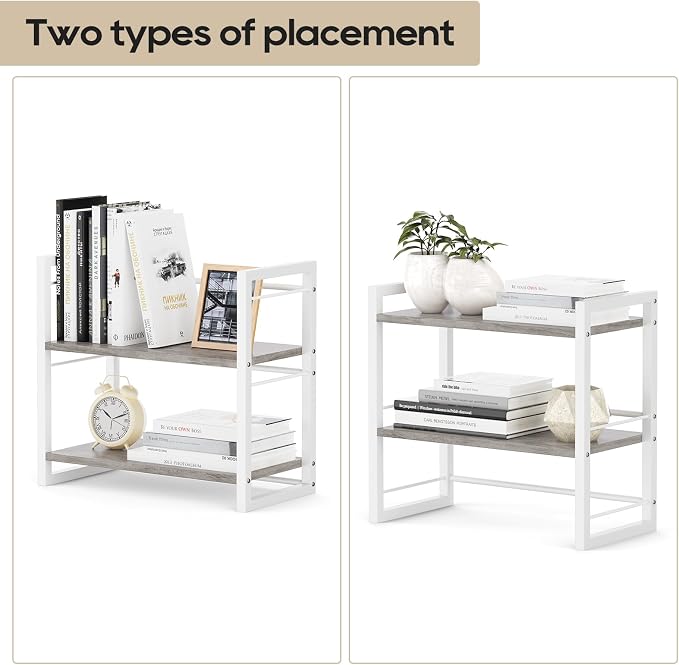 Office Desk Shelf Organizer, Wood Desktop Bookshelf Supplies Storage Rack, Shelf for Top of Desk and Dresser (Grey-2 Tier) - Image 7