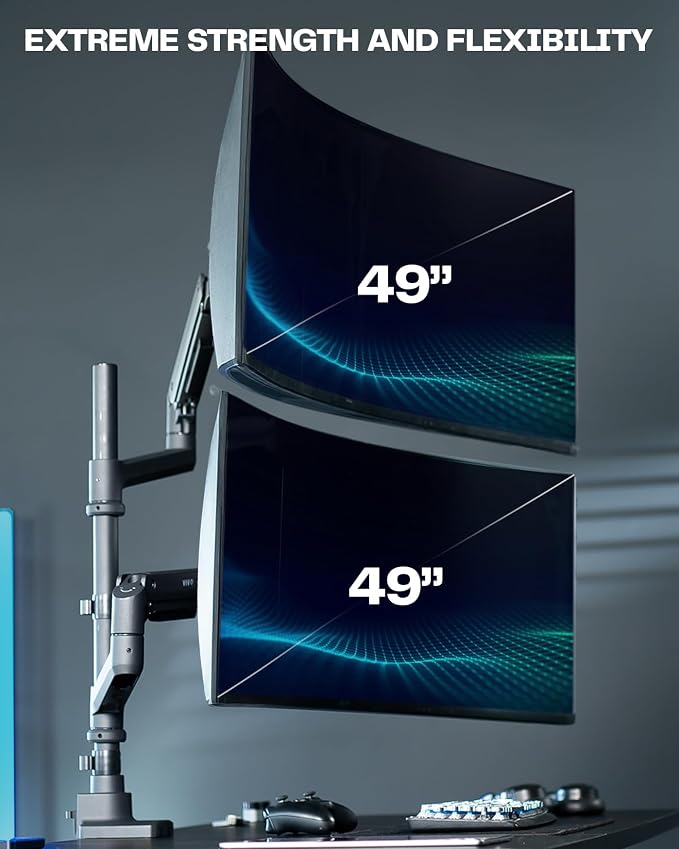 VIVO Pneumatic Arm Dual Ultrawide Monitor Extra Tall Desk Mount for Up to 49 inch Screens, Heavy Duty Clamp, Holds 2 Ultra Wides Up to 44 lbs, Black, STAND-V120K - Image 2
