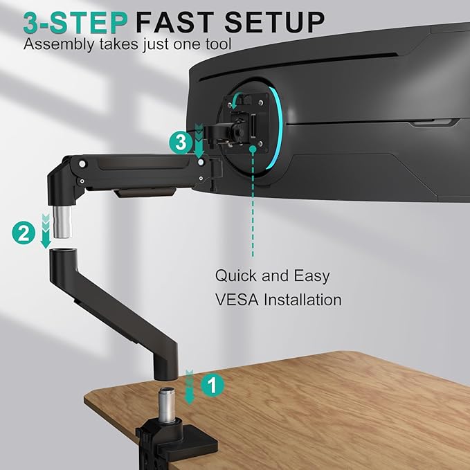 WALI Heavy Duty Monitor Arm for 13-49 inch 1000R Curved Screens，up to 44lbs | Ultrawide Monitor Desk Mount，Full Motion with Tilt, Swivel, Rotation, C-Clamp & Grommet Base, VESA 75/100mm (GSM001XL), Black - Image 6