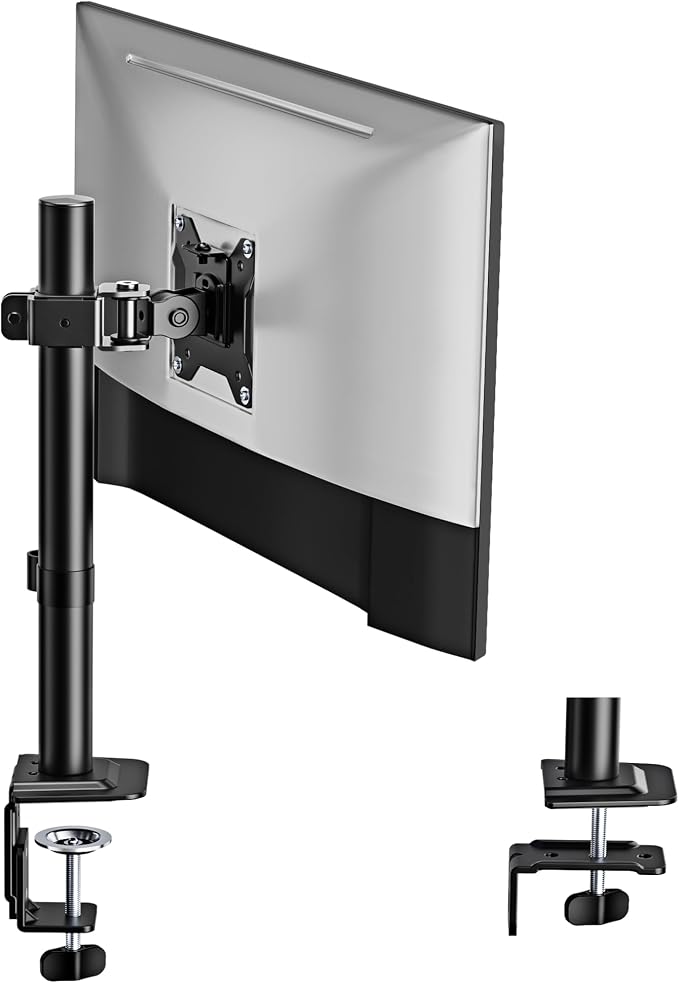 monTEK Single Monitor Stand for 17-32" Screens, 22 lbs | Single-screen desk mount, height adjustment, tilt, swivel, rotation, clamp/grommet bases and VESA 75/100 by monTEK