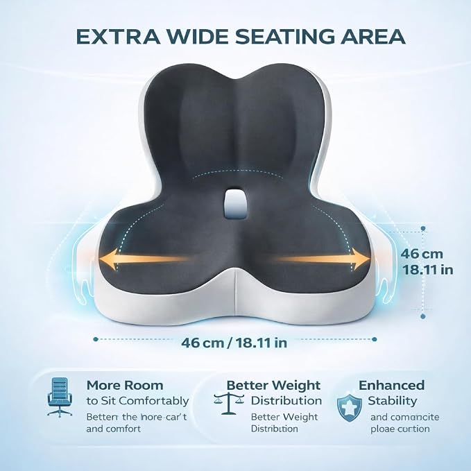 MOYEE Wide Memory Foam Seat Cushion with Lumbar Support for Office Chair & Car Seat, Ergonomic Design for Long Sitting, Gradual Relief & Lasting Support for Back, Tailbone & Sciatica Pain - Image 3
