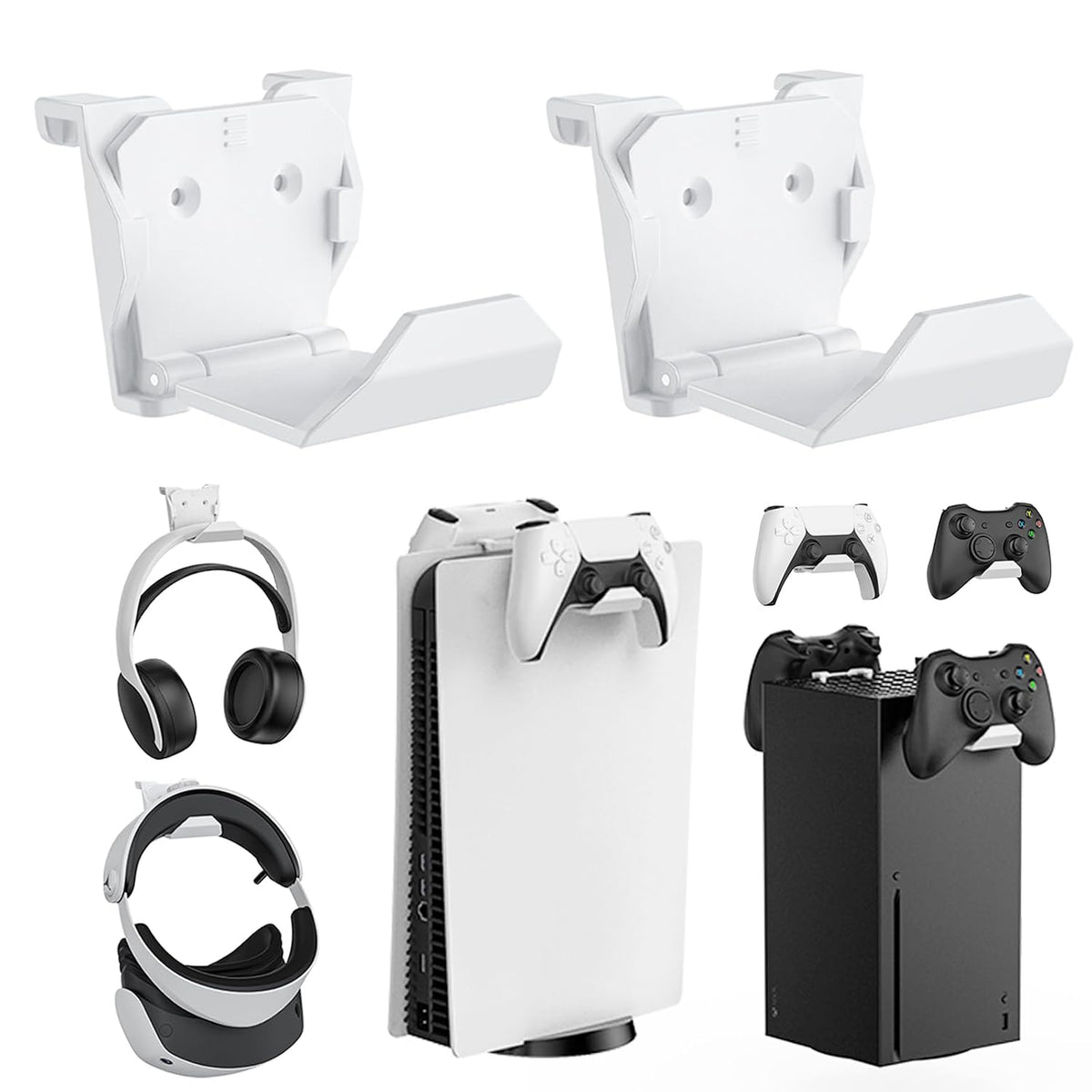 KUNSLUCK 2 Pack Controller Wall Mount for PS5, Xbox, Switch Controller, Wall Mount Stand for Controller&Headset, Adhesive/Screws Installation (White) by KUNSLUCK