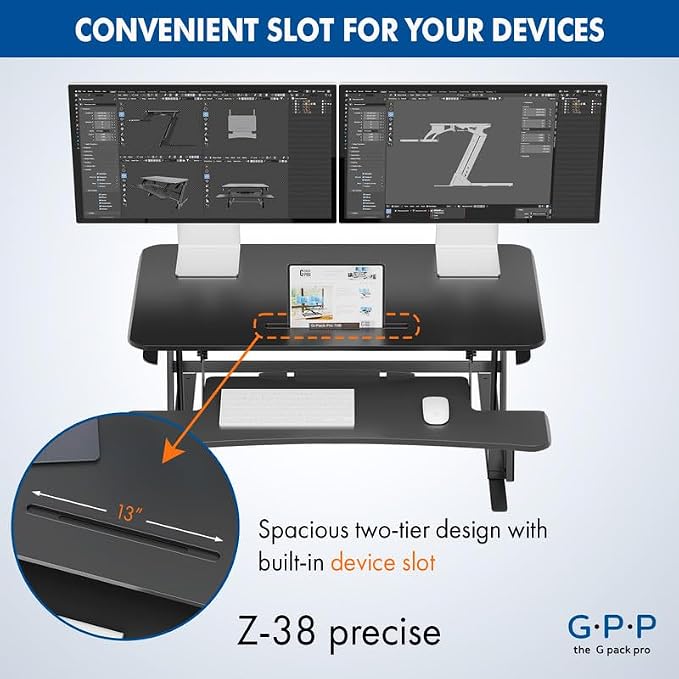 Standing Desk Converter 38 Inch, Height Adjustable to 17.3 Inches | Dual Monitor Work Surface With Keyboard Tray, Steel Frame, and Smooth Manual Lift for Home Office Setups - Image 8