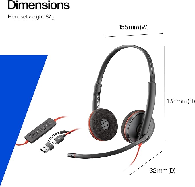 Poly Blackwire 3220 Wired Headset with Mic, Hi-Fi Stereo Sound, Noise-Canceling Mic, Stereo Design, Connect to PC via USB-C & USB-A Adapter, Over-Ear Design, Works with Virtual Meeting Platforms - Image 6