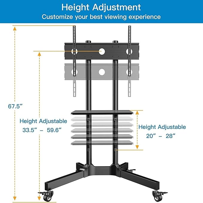 PERLESMITH Rolling TV Stand with Lockable Wheels for 32-86 Inch TVs Holds up to 132 Lbs, Height Adjustable Mobile TV Stand on Wheels with Laptop Shelf, Rolling Tv Cart Max VESA 600x400mm PSTVMC01 - Image 3