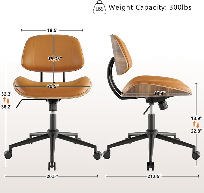 Armless Office Chair Set of 2, Adjustable Height Desk Chair, Brown | 360° Swivel Ergonomic Computer Chair for Small Space, PU leather seat, Modern Walnut Style, Home Office & Meeting Room - Image 3