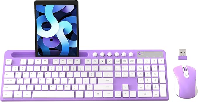 Wireless Keyboard and Mouse Combo, MARVO 2.4G Ergonomic Wireless Computer Keyboard with Phone Tablet Holder, Silent Mouse with 6 Button, Compatible with MacBook, Windows (Purple) by MARVO