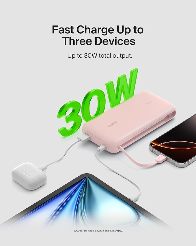 Belkin 20000mAh 30W USB C Power Bank, Portable Charger for iPhone & iPad | Fast Charging, Integrated USB C Cable, Eatra USB C Port, iPhone 17, iPad, Samsung Galaxy S26, Charge 2 Devices - Image 6
