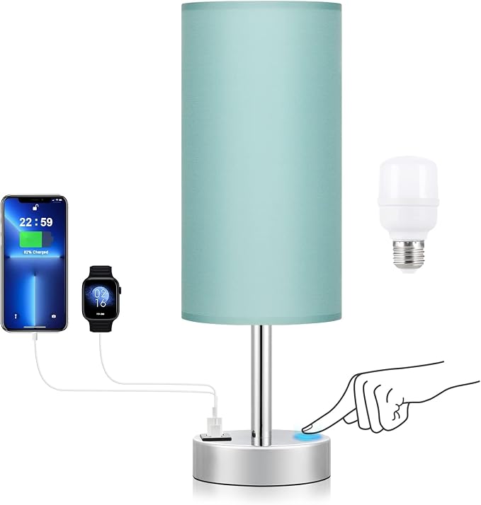 Teal Touch Table Lamp for Bedroom - Bedside Desk Lamp for College Dorm | USB A+C Ports, 3-Way Dimmable, LED Bulb Included, Teal Fabric Lampshade, Silver Metal Base, Compact 14" Night Stand Lamp - Image 8