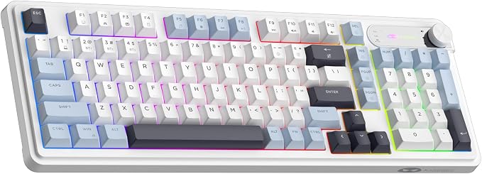 MageGee GK960 Wireless Keyboard, 98 Keys Tri-Mode BT/2.4G/Wired Membrane Gaming Keyboard, RGB Creamy Keyboard with Number Pad, Knob Control, 4000mAh Battery - Blue & White - Image 8