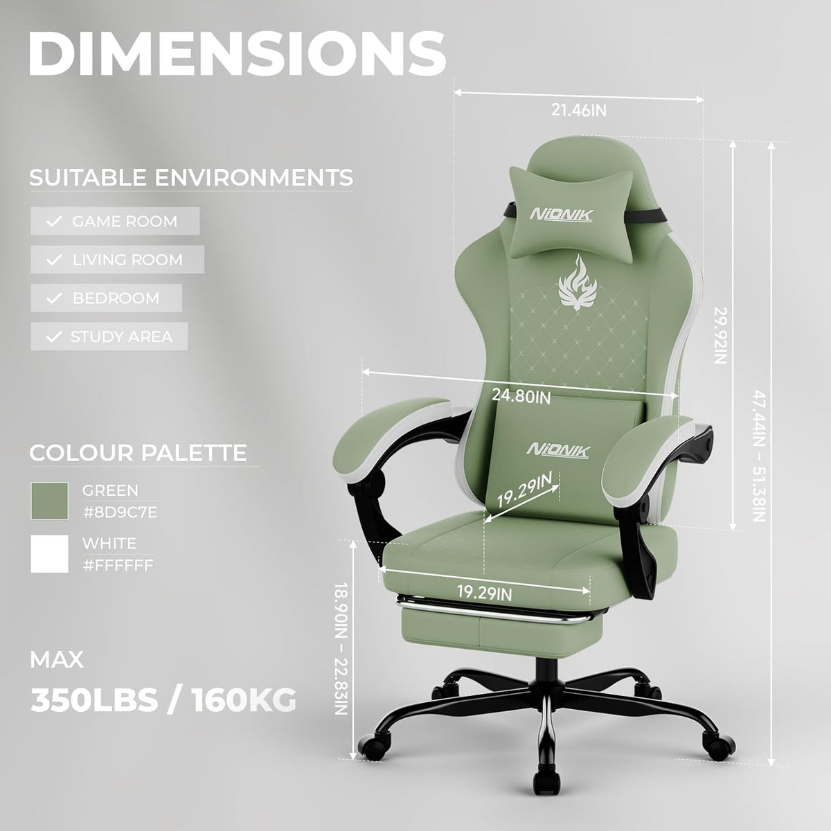 Gaming Chair with Massage,Ergonomic PC Gaming Chair Computer Chairs with Footrest Comfortable Headrest and Lumbar Support, High Back GREENWHITE - Image 3