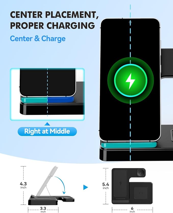 3-in-1 Charging Station for Samsung, Foldable Wireless Charger Stand | Android Phone and Watch Charger for Samsung S26/S25/S24/S23/S22/S21, Note 20/10, Z Fold 6/5, Galaxy Buds and Watch-Black - Image 4