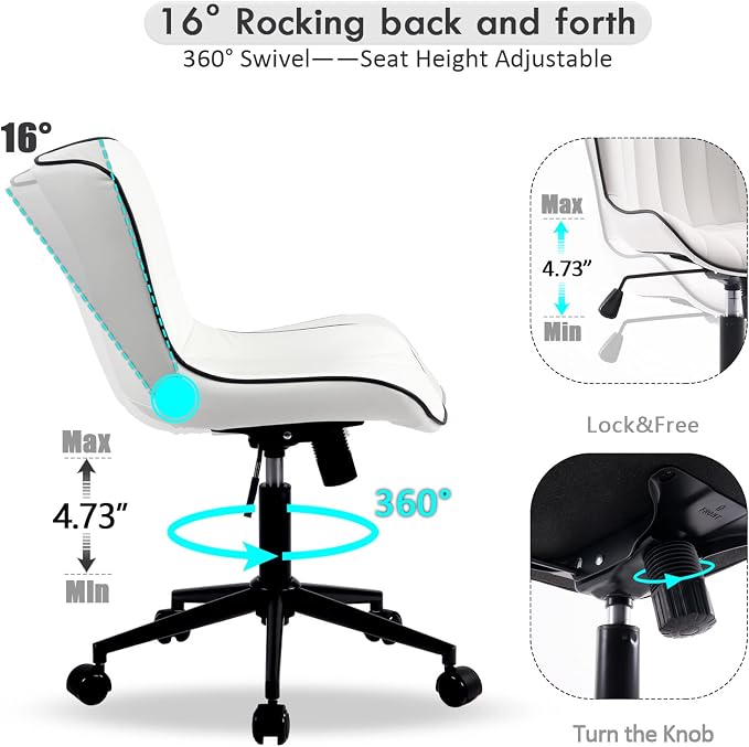 YOUNIKE Office Desk Chair with Wheels Armless Vanity Chair Modern White | Faux Leather Upholstered with Rocking Back, Swivel Height Adjustable Small Cute Computer Rolling Task Chair Ergonomic 300lb - Image 4