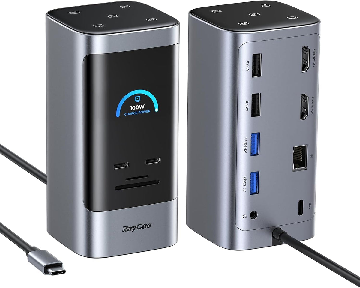 RayCue 14 in 1 Docking Station Dual Monitor, 2 * 4K HDMI, 6 USB Ports, 5 Shortcut Button, 1Gbps Ethernet, PD3.0(No Power Adapter), Laptop Docking Station for Dell/HP/Lenovo/Asus/Acer/Mac by RayCue