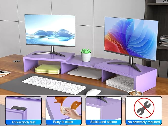 Dual Monitor Stand Riser | Monitor Stand for Desk, Metal Computer Stand, Desk Shelf Riser,Desktop Organizer for Home and Office Use (Purple) - Image 6
