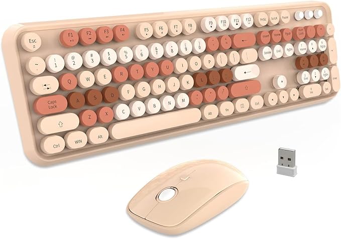Wireless Keyboard and Mouse Combo | Cute Colorful Keyboard and Mouse with 2.4GHz Cordless Retro Typewriter Keyboard | Auto-Sleep | USB Receiver for Windows PC/Laptop - Creamy Colorful by FD