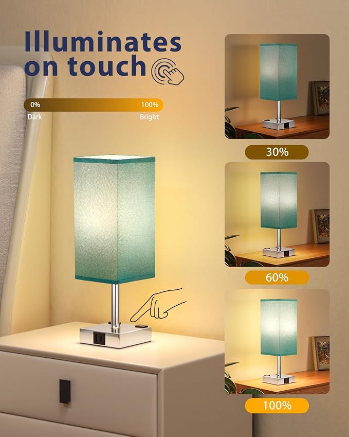 Turquoise Touch Table Lamp for Bedroom - Dimmable, USB C+A, 2 AC Outlets | 3-Way Dimming, 3000K Bulb Included, Square Teal Lampshade and Silver Base, Desk Lamp for Nightstand, Living Room, Green - Image 4