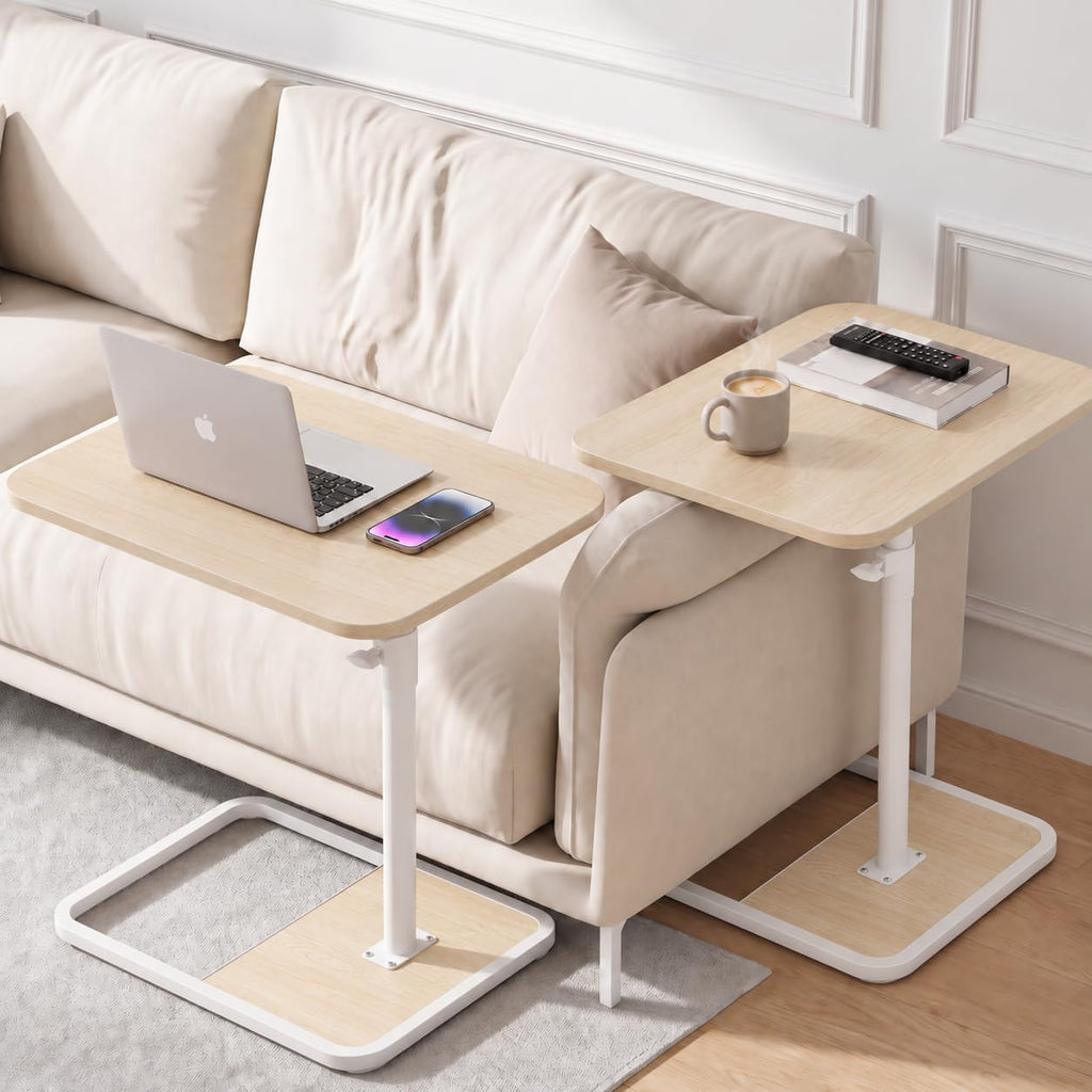 Large TV Tray Table, C-Shaped Side Table with Adjustable Height & Rounded Corners, Snack Table for Couch, Bed or Recliner, for Laptop, Eating & Working, Natural by YUHFERA
