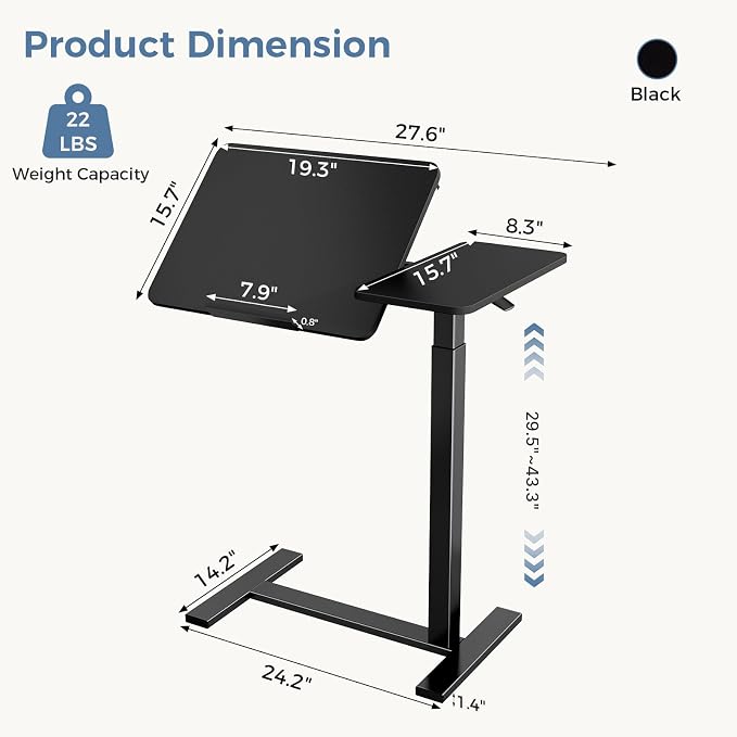 DUMOS Standing Desk with Wheels, Rolling Desk, Laptop Table | Adjustable Height, Portable Computer Workstation, Tilting Desktop, Home Office Classroom Bedside, Black - Image 3
