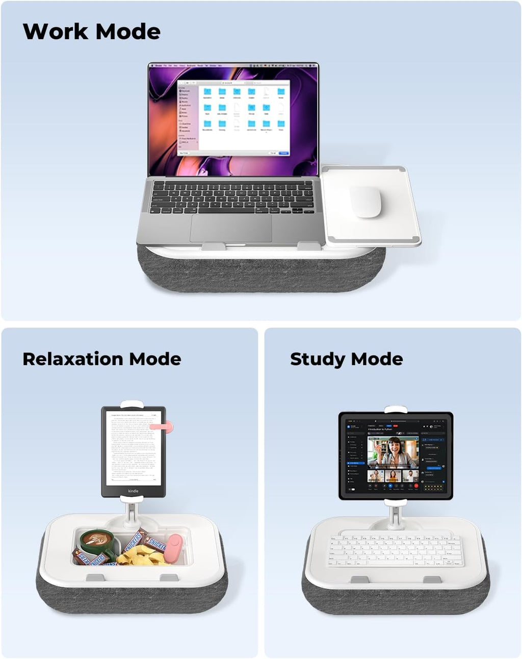 Viozon Kindle Pillow Stand Holder, Phone Holder for Bed, Laptop Lap Desk with Mouse Pad,Compatible with 4.7-13" Kindle/Tablet/Phone,10-15" Laptop, Snack Bowl&Cup Attachment&Detachable 360°Stand Arm - Image 2