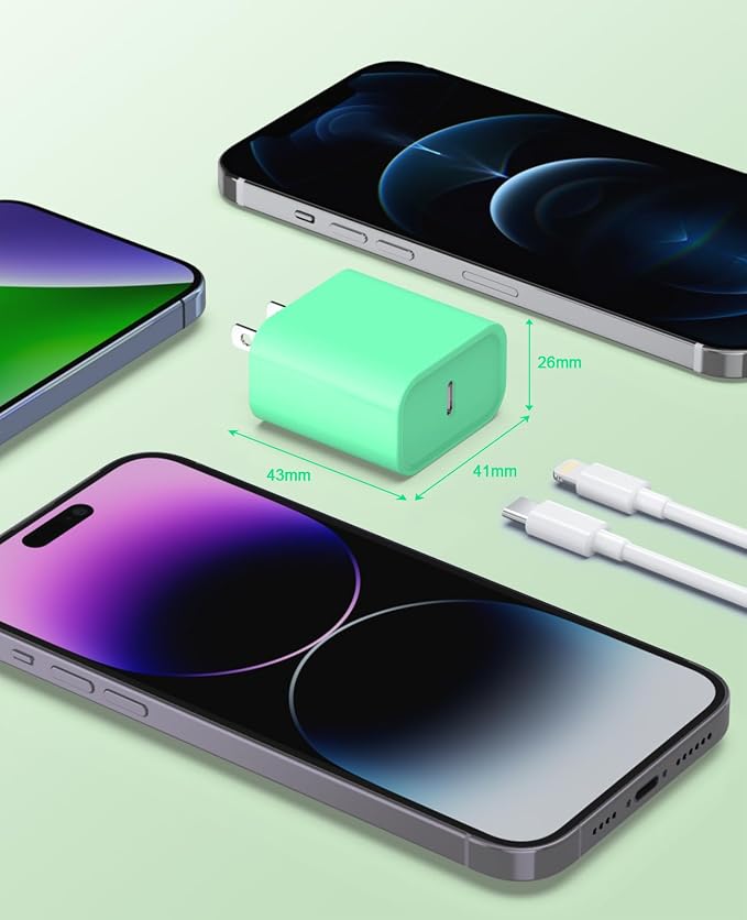 iPhone Charger Fast Charging,2 Pack 20W USB C Wall Charger Block with Cable | 2 Pack MFi Certified 6FT Type C to Lightning Cables for iPhone 14 13 12 11 Pro Max XR XS X, iPad,AirPods Pro (Purple+Green) - Image 5