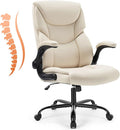 Sweetcrispy Home Office Desk Chairs, High Back PU Leather Chair | Heavy Duty, High Back, Flip-up Armrest, PU Leather, Height Adjustable, Rolling Wheels, Beige by Sweetcrispy