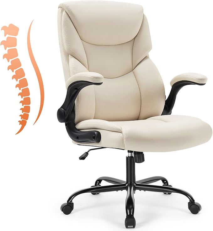 Sweetcrispy Home Office Desk Chairs, High Back PU Leather Chair | Heavy Duty, High Back, Flip-up Armrest, PU Leather, Height Adjustable, Rolling Wheels, Beige by Sweetcrispy