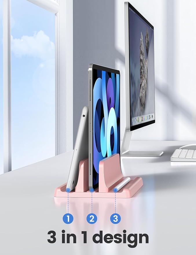 Vaydeer Vertical Laptop Stand Holder Plastic Adjustable Desktop Notebook Dock Space-Saving 3 in 1 for All MacBook Pro Air, Mac, HP, Dell, Microsoft Surface, Lenovo, up to 17.3 inches (Pink) - Image 2