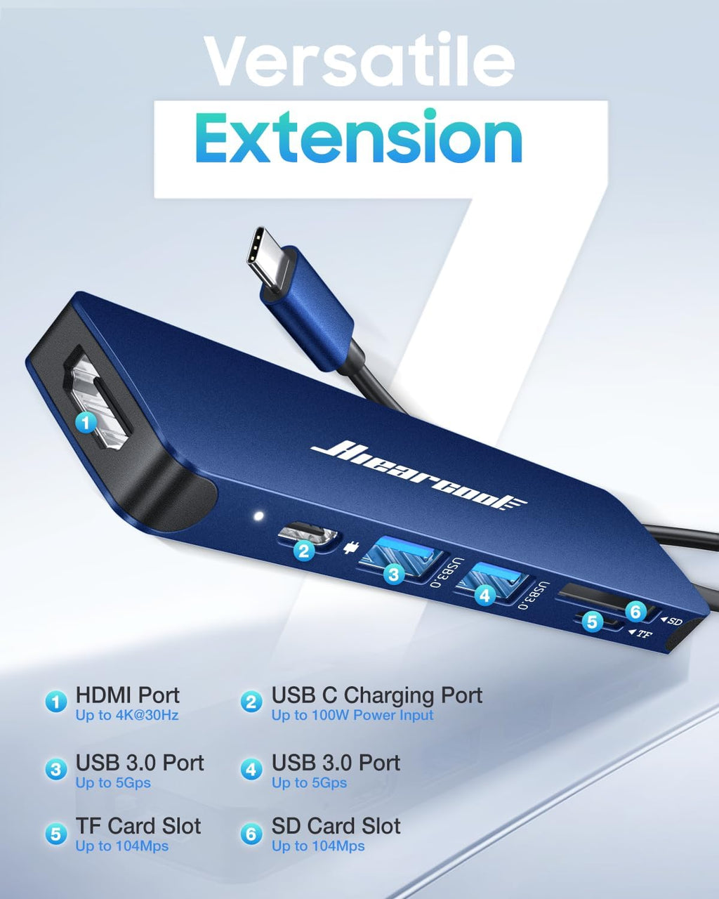 Hiearcool 7-in-1 USB C Hub, USB C Dongle Compatible for MacBook, Navy Blue - Image 2